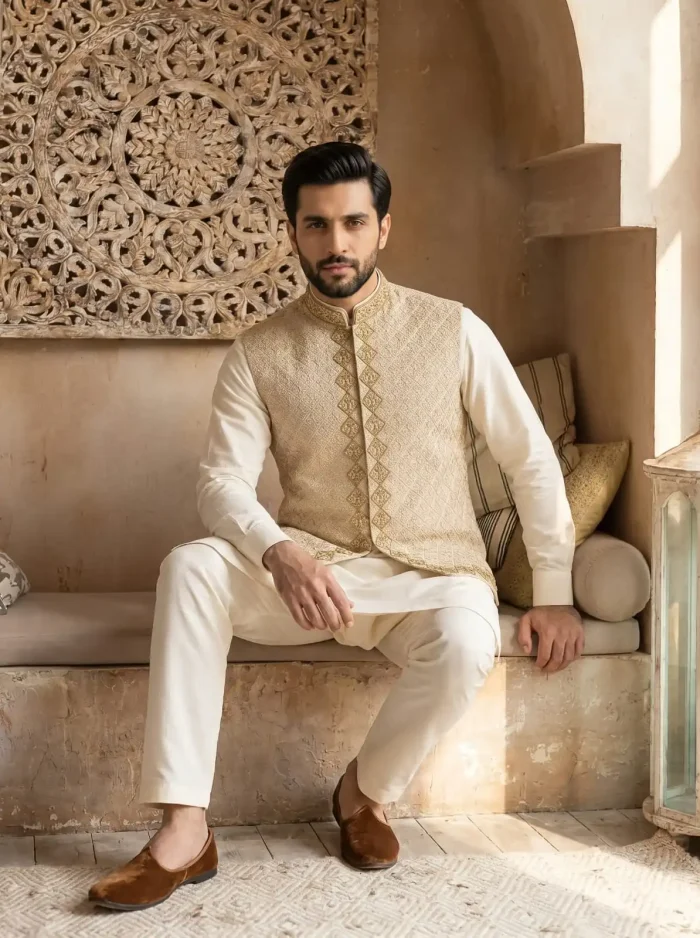 Elegant Cream Waistcoat with Digital Thread & Handmade Embroidery (W-17) - Image 4