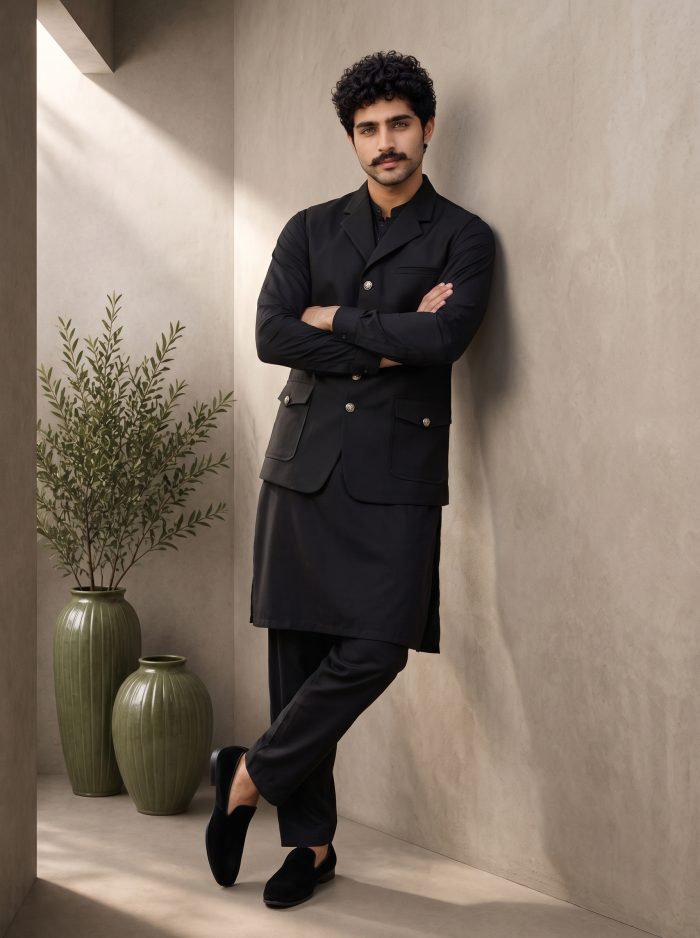 Upgrade your traditional wardrobe with this Luxury Black WaistcoatShalwar Kameez, designed for men who appreciate timeless elegance and modern sophistication.