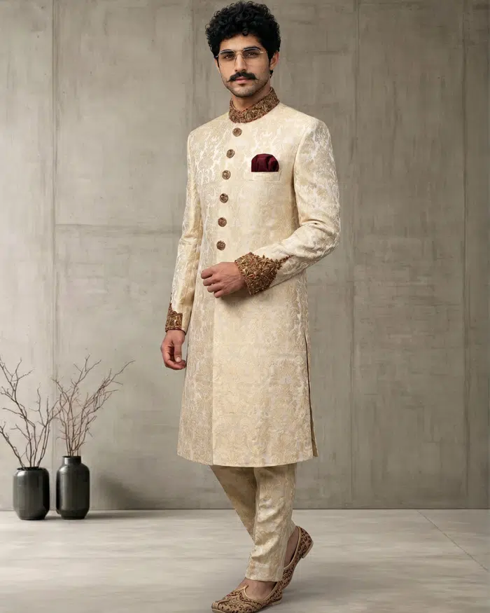 Luxury Jamawar Sherwani 2026 – Handmade Embroidery & Embroidered Buttons Elevate your wedding and festive look with this Luxury IvoryJamawar Sherwani, crafted from premium Jamawar fabric featuring an elegant woven pattern.