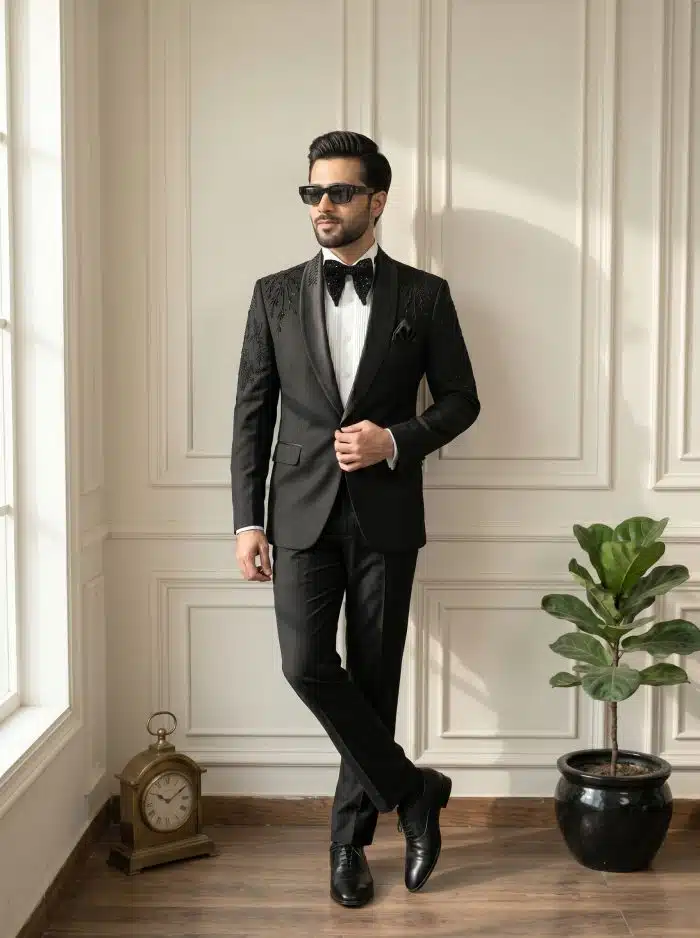Luxury Handmade Designer Suit in Light Wool – Premium Embroidered Black Tuxedo Make a lasting impression with this Luxury Handmade Designer Suit, tailored from premium light wool fabric for exceptional comfort and style.
