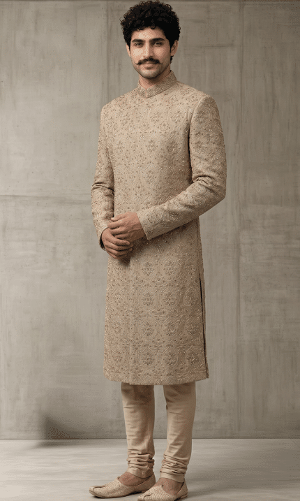 Elevate your wedding and festive wardrobe with this exquisite beige silk sherwani, meticulously crafted with intricate handcrafted zardozi embroidery.