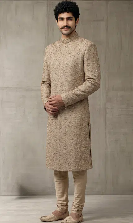 Elevate your wedding and festive wardrobe with this exquisite beige silk sherwani, meticulously crafted with intricate handcrafted zardozi embroidery.