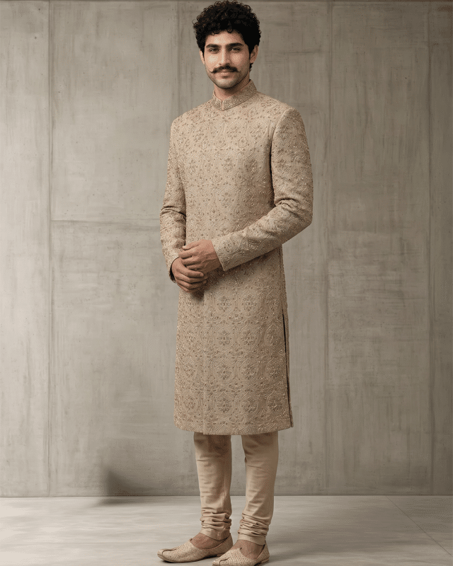Elevate your wedding and festive wardrobe with this exquisite beige silk sherwani, meticulously crafted with intricate handcrafted zardozi embroidery.