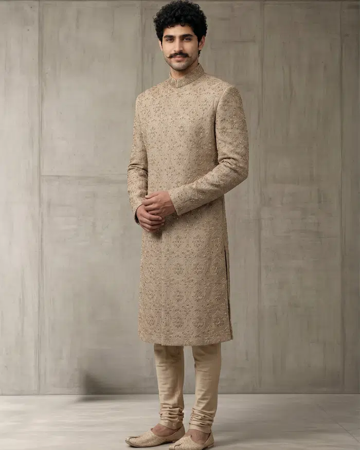 Luxury Beige Silk Sherwani with Handcrafted Zardozi Embroidery Elevate your wedding and festive wardrobe with this exquisite beige silk sherwani, meticulously crafted with intricate handcrafted zardozi embroidery.