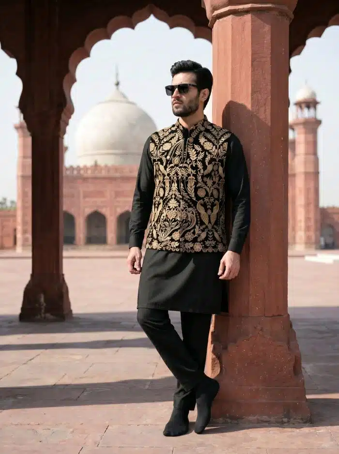 Luxury Royal Black Waistcoat with Digital Thread & Tilla Embroidery Make a bold statement with this luxurious black waistcoat, crafted from premium tropical fabric for a comfortable and elegant fit.