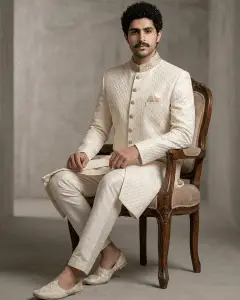 Home 3 Elevate your wedding style with this luxurious ivory silk-based sherwani, designed with exquisite digital thread work embroidery.