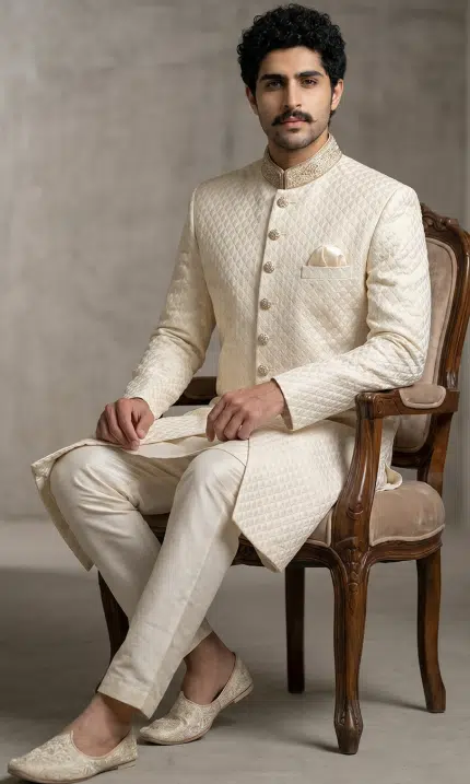 Elevate your wedding style with this luxurious ivory silk-based sherwani, designed with exquisite digital thread work embroidery.