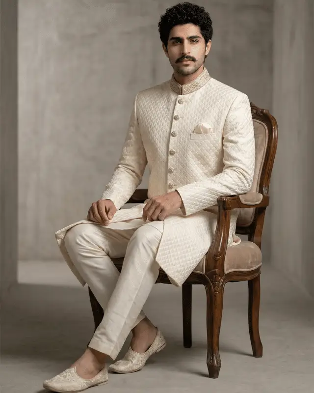 Elevate your wedding style with this luxurious ivory silk-based sherwani, designed with exquisite digital thread work embroidery.