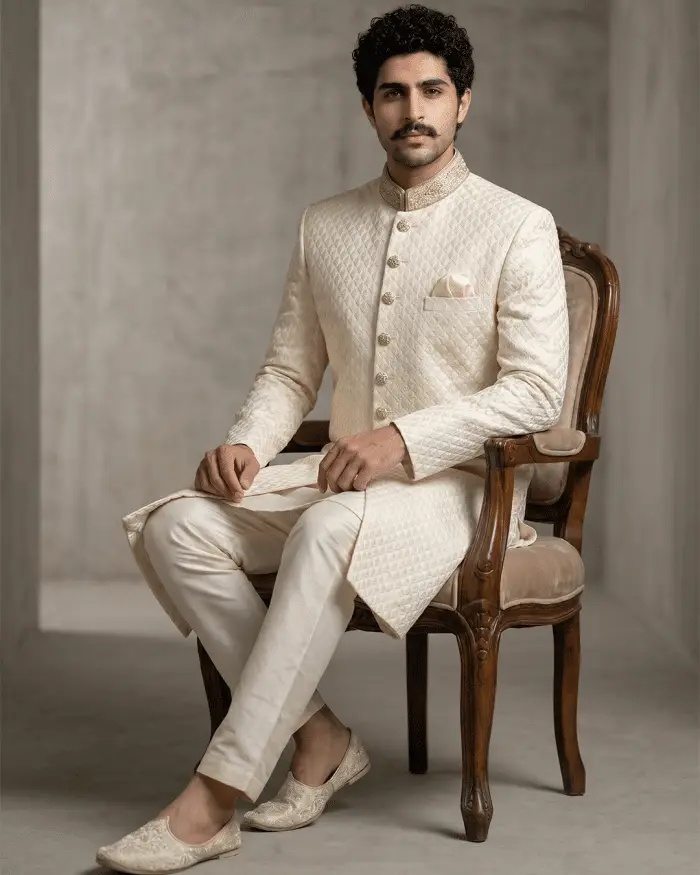 Elevate your wedding style with this luxurious ivory silk-based sherwani, designed with exquisite digital thread work embroidery.