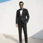 Make a bold statement with this luxury black designer suit, crafted from premium light wool fabric for superior comfort and sophistication.