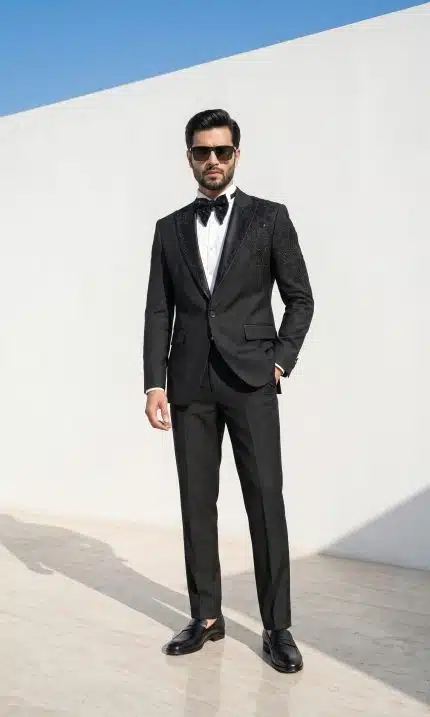 Make a bold statement with this luxury black designer suit, crafted from premium light wool fabric for superior comfort and sophistication.