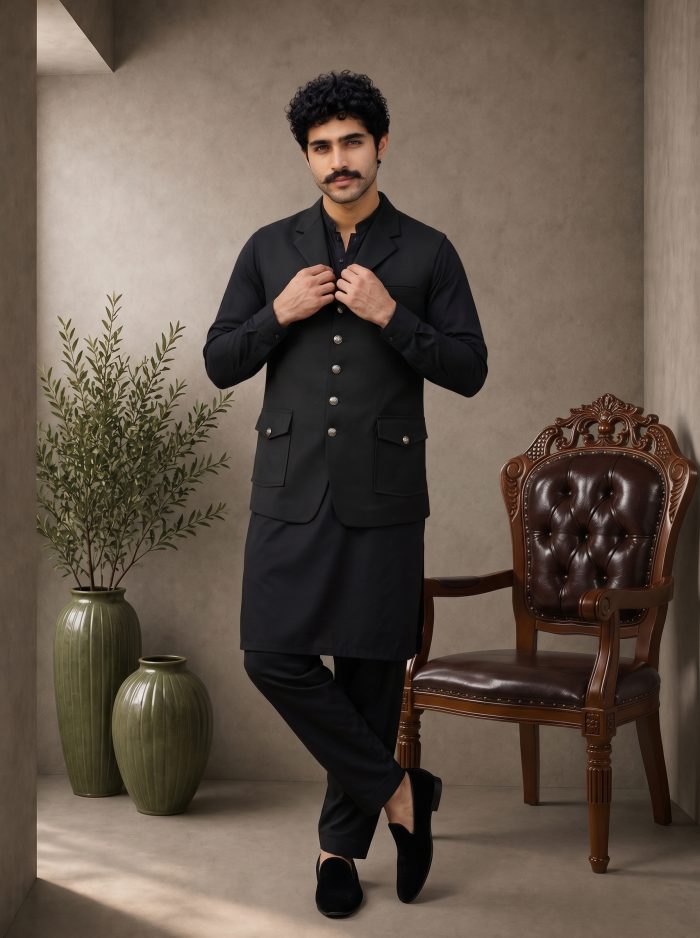 Luxury Black Waistcoat Shalwar Kameez 7 Premium Features for a Timeless Ethnic Look (W-20) - Image 4