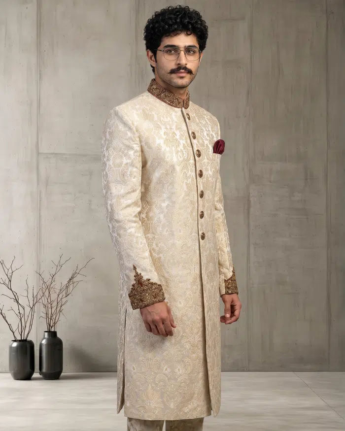 Luxury Jamawar Sherwani 2026 – Handmade Embroidery & Embroidered Buttons (S-28) - Image 6