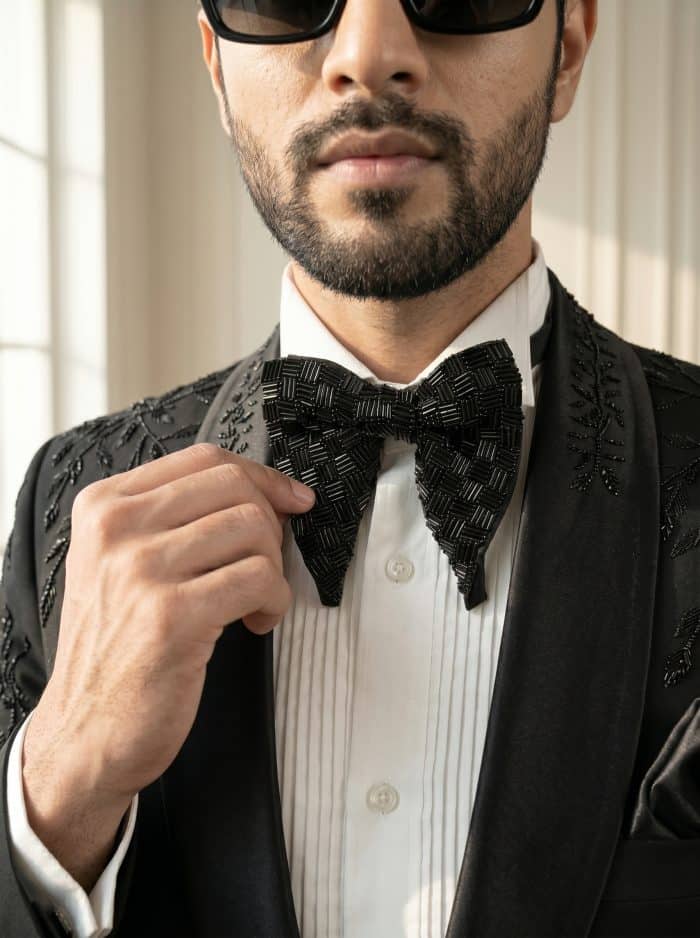 Luxury Handmade Designer Suit in Light Wool – Premium Embroidered Black Tuxedo(Pc-04) - Image 6