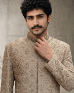 Luxury Beige Silk Sherwani with Handcrafted Zardozi Embroidery(S-29) - Image 2