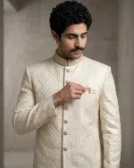 Luxury Ivory Silk Sherwani with Digital Thread Work Embroidery (S-30) - Image 2