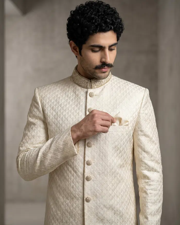 Luxury Ivory Silk Sherwani with Digital Thread Work Embroidery (S-30) - Image 2