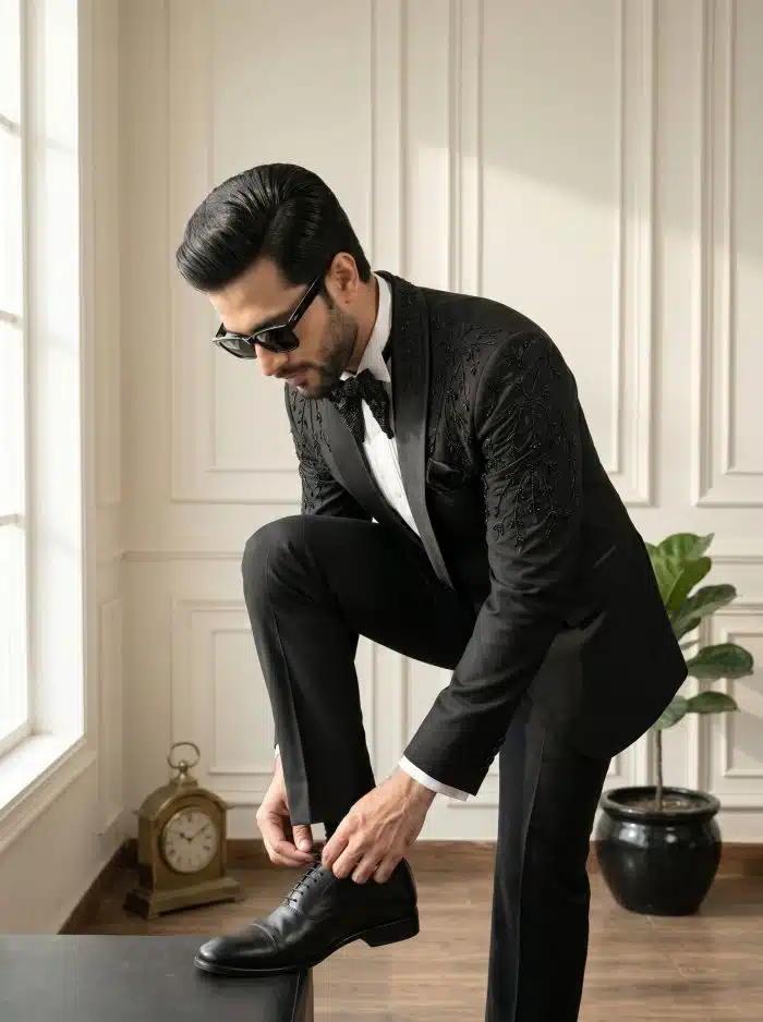 Luxury Handmade Designer Suit in Light Wool – Premium Embroidered Black Tuxedo(Pc-04) - Image 5
