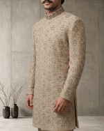 Luxury Beige Silk Sherwani with Handcrafted Zardozi Embroidery(S-29) - Image 3