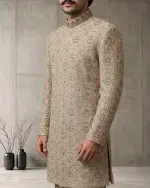 Luxury Beige Silk Sherwani with Handcrafted Zardozi Embroidery(S-29) - Image 3
