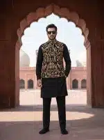 Luxury Royal Black Waistcoat with Digital Thread & Tilla Embroidery(W-20) - Image 3
