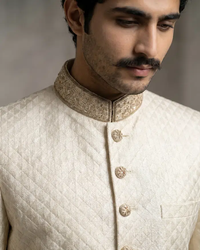 Luxury Ivory Silk Sherwani with Digital Thread Work Embroidery (S-30) - Image 3
