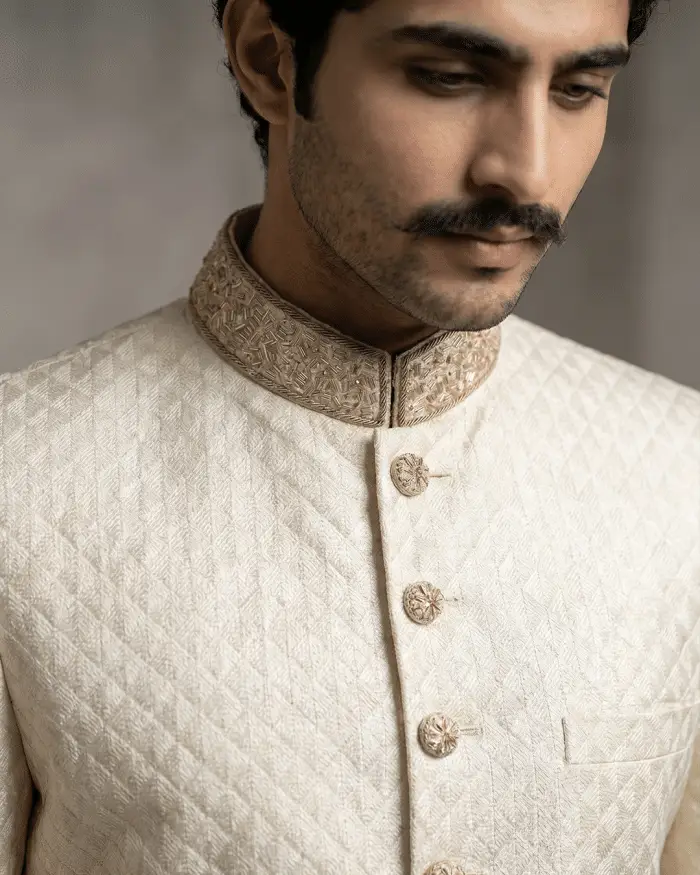 Luxury Ivory Silk Sherwani with Digital Thread Work Embroidery (S-30) - Image 3