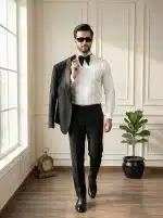 Luxury Handmade Designer Suit in Light Wool – Premium Embroidered Black Tuxedo(Pc-04) - Image 4