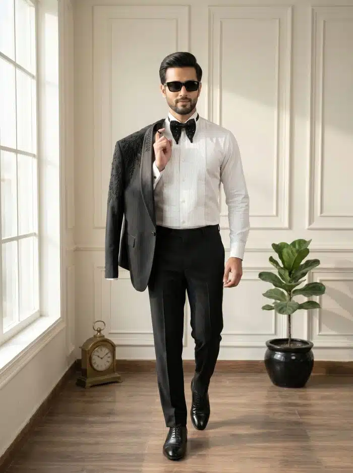 Luxury Handmade Designer Suit in Light Wool – Premium Embroidered Black Tuxedo(Pc-04) - Image 4