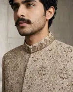 Luxury Beige Silk Sherwani with Handcrafted Zardozi Embroidery(S-29) - Image 4
