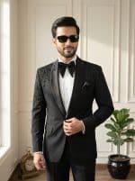 Luxury Handmade Designer Suit in Light Wool – Premium Embroidered Black Tuxedo(Pc-04) - Image 3