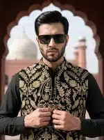 Luxury Royal Black Waistcoat with Digital Thread & Tilla Embroidery(W-20) - Image 6