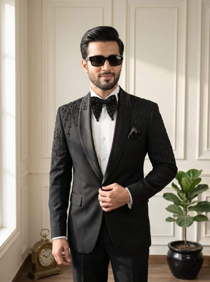 Luxury Handmade Designer Suit in Light Wool – Premium Embroidered Black Tuxedo(Pc-04) - Image 3