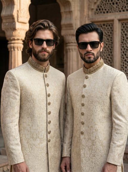 Step into timeless elegance with our Fabric Jamawar Embroidery Handmade Sherwani, crafted for grooms and gentlemen who appreciate luxury and tradition.