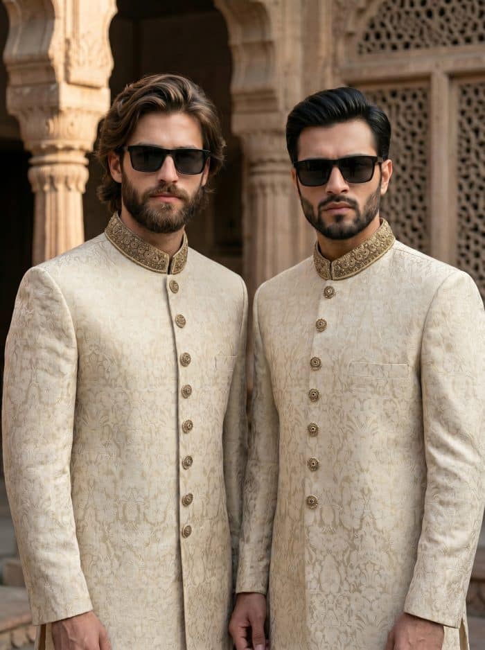 Fabric Jamawar Embroidery Handmade Sherwani – 7 Stunning Features for a Royal Look Step into timeless elegance with our Fabric Jamawar Embroidery Handmade Sherwani, crafted for grooms and gentlemen who appreciate luxury and tradition.