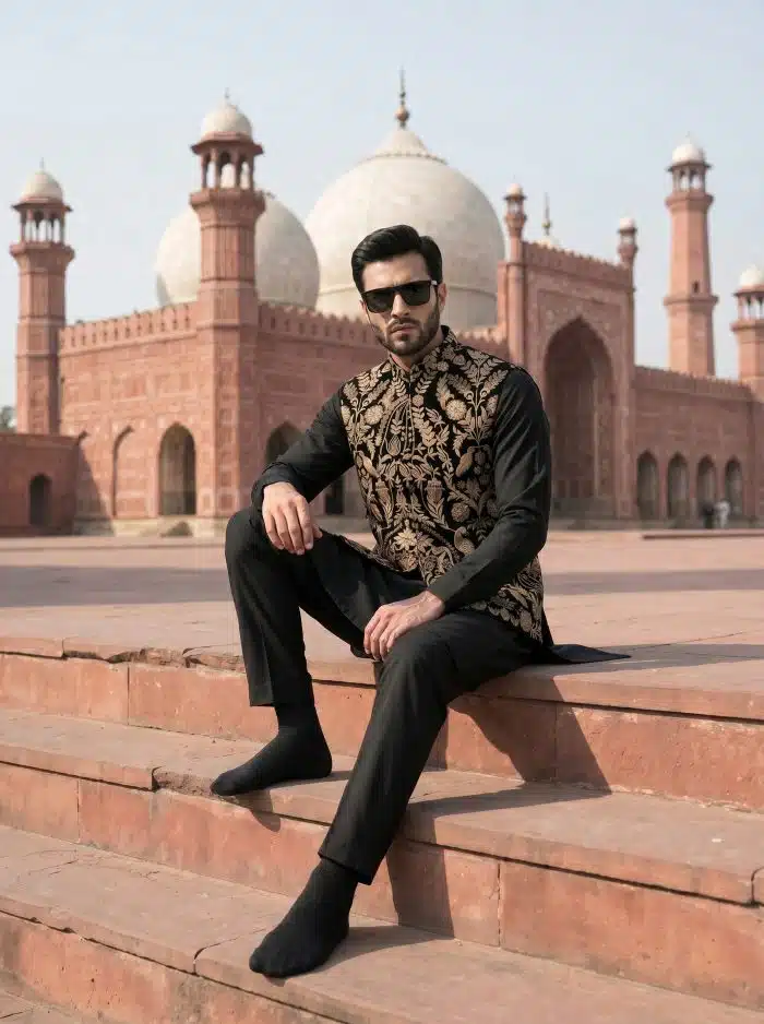 Luxury Royal Black Waistcoat with Digital Thread & Tilla Embroidery(W-20) - Image 7