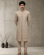 Luxury Beige Silk Sherwani with Handcrafted Zardozi Embroidery(S-29) - Image 5