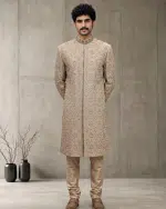 Luxury Beige Silk Sherwani with Handcrafted Zardozi Embroidery(S-29) - Image 5