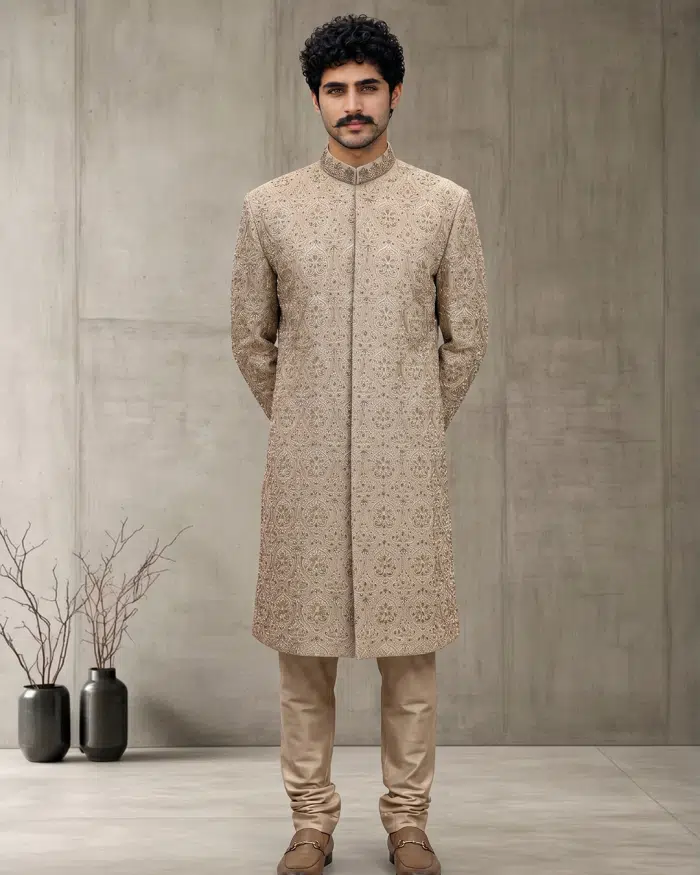 Luxury Beige Silk Sherwani with Handcrafted Zardozi Embroidery(S-29) - Image 5