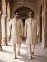 Step into timeless elegance with our Fabric Jamawar Embroidery Handmade Sherwani, crafted for grooms and gentlemen who appreciate luxury and tradition.