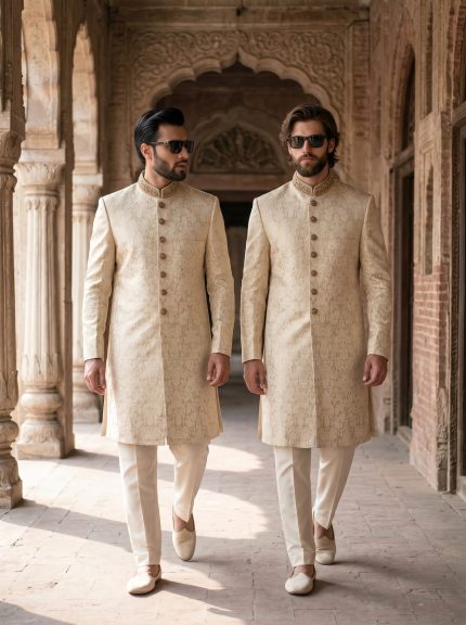 Step into timeless elegance with our Fabric Jamawar Embroidery Handmade Sherwani, crafted for grooms and gentlemen who appreciate luxury and tradition.