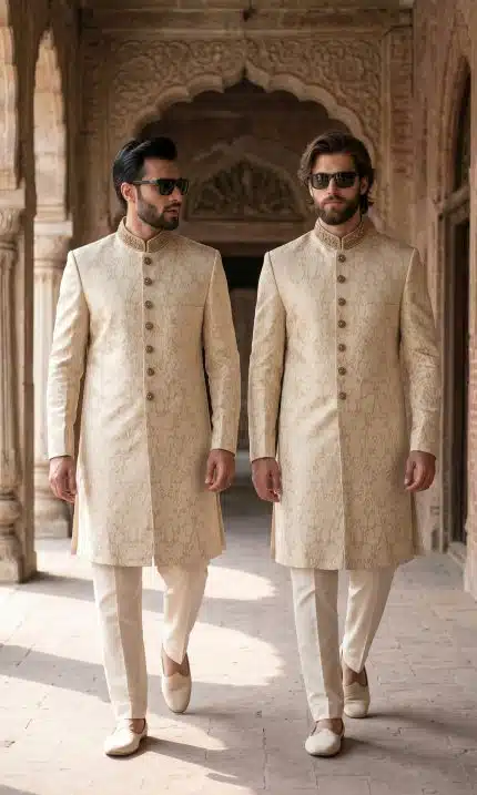Step into timeless elegance with our Fabric Jamawar Embroidery Handmade Sherwani, crafted for grooms and gentlemen who appreciate luxury and tradition.