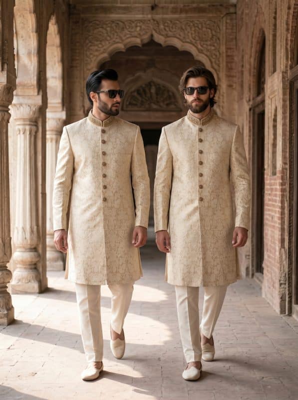 Step into timeless elegance with our Fabric Jamawar Embroidery Handmade Sherwani, crafted for grooms and gentlemen who appreciate luxury and tradition.