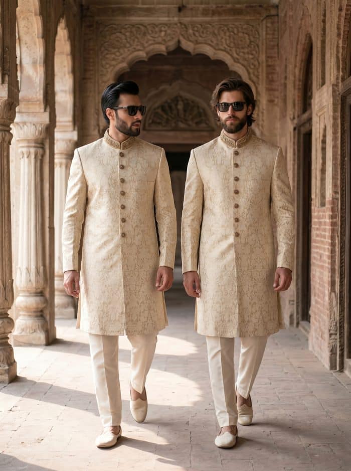 Step into timeless elegance with our Fabric Jamawar Embroidery Handmade Sherwani, crafted for grooms and gentlemen who appreciate luxury and tradition.