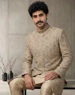Luxury Beige Silk Sherwani with Handcrafted Zardozi Embroidery(S-29) - Image 6