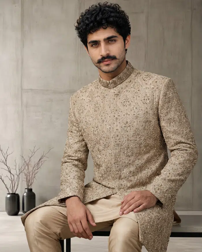 Luxury Beige Silk Sherwani with Handcrafted Zardozi Embroidery(S-29) - Image 6
