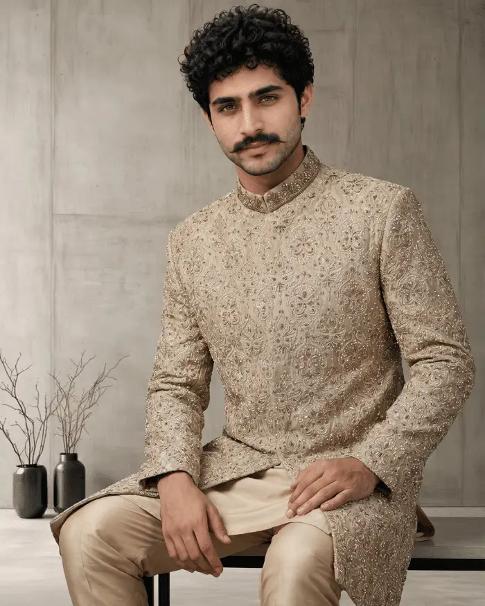 Luxury Beige Silk Sherwani with Handcrafted Zardozi Embroidery(S-29) - Image 6