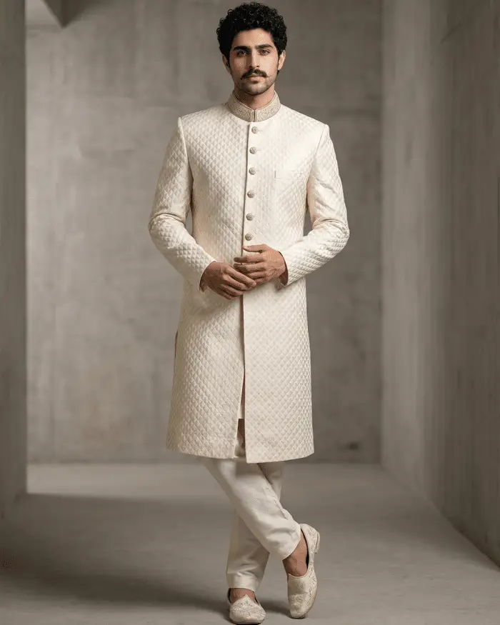 Luxury Ivory Silk Sherwani with Digital Thread Work Embroidery (S-30) - Image 7