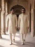 Step into timeless elegance with this luxury handmade Jamawar Sherwani, designed for grooms and men who appreciate traditional style with a modern touch.