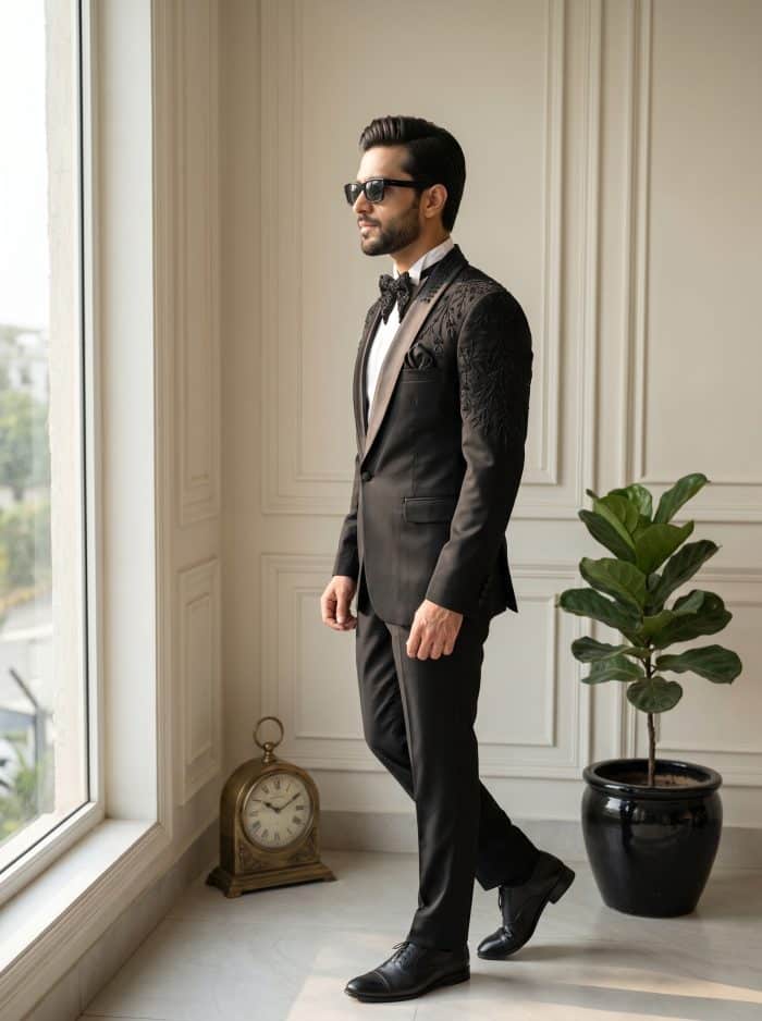 Luxury Handmade Designer Suit in Light Wool – Premium Embroidered Black Tuxedo(Pc-04) - Image 2